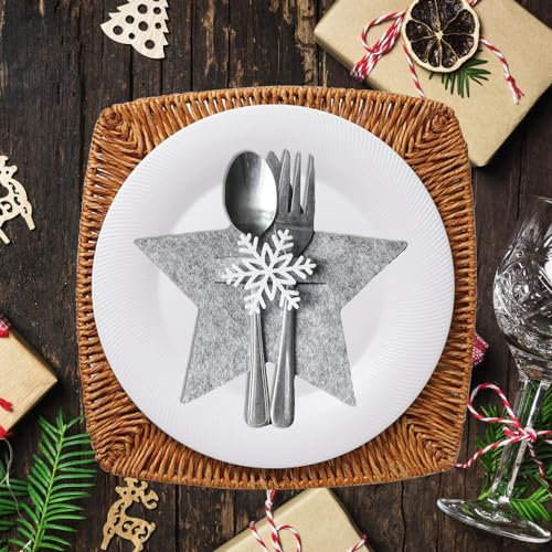 Riisoyu 12 Stück Besteckhalter Weihnachten Filz, Weihnachts Schneeflocken Messer Gabeln Löffel Geschirr Besteck Taschen für Weihnachten Urlaub Party Abendessen Gabel Dekor, Grau