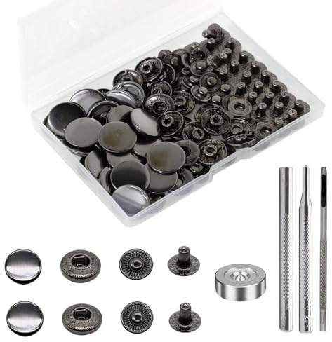 24 Sets Corchetes de Presión Metálicos, BetterJonny Botones de Presión Φ17mm Kit de Herramienta de Botón Snap Botones de Presion Metalicos con 4 Herramientas de Instalación para Ropa Bolsos, Negro