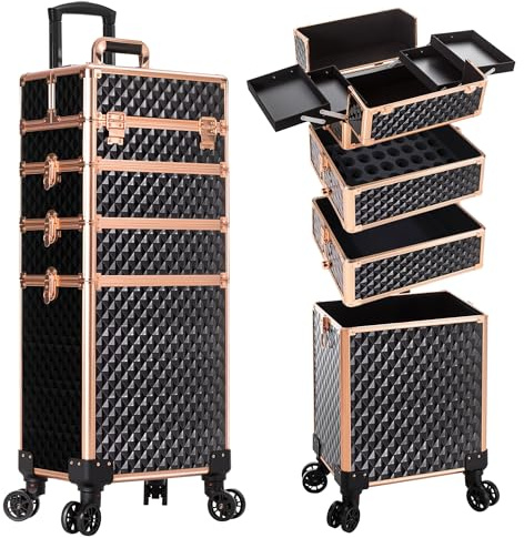 AROUS Rolling Makeup Train Case 4 in 1 Cosmetology Case on Wheels Large Storage Cosmetic Trolley with Key Salon Barber Case Traveling Cart Trunk,Gold&Black