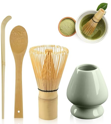 LEKEFETO Set Cerimonia del Matcha: Frusta Con 2 Cucchiai, Supporto Ceramica - Accessori Giapponesi per Preparazione Tè