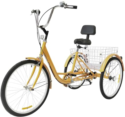 OUBUBY Dreirad für Erwachsene 24 Zoll, 6 Gang Fahrrad Altmodisches Lastenfahrrad, Stadtfahrrad mit Einkaufskorb Verstellbarer Sitz Dreirad mit Rückenlehne (Gelb)
