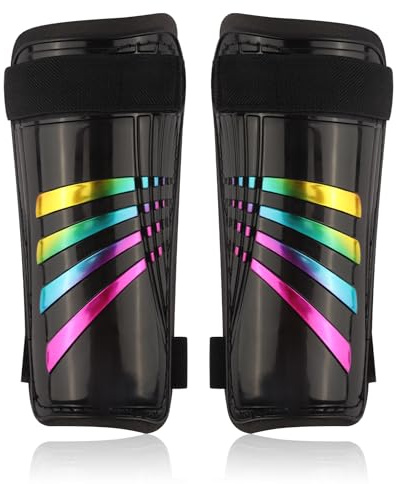 Football Shin Pads | Impact Protection Kids Shin Pads | Non Slip Double Adjustable Straps Soccer Shin Guards Boys Girls | Glitter Rainbow Shin Guards Kids 5-12 years (Black)
