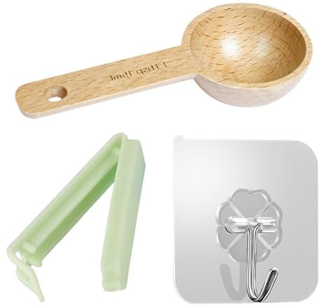 1 Misurino In Faggio, 1 Clip Di Chiusura, 1 Gancio, Misurino Caffè, Cucchiaio Detersivo, Cucchiaino Caffè In Legno, Cucchiaio In Legno Per Barattoli, Cucchiaio Per Sale Da Bagno, Cucchiaino