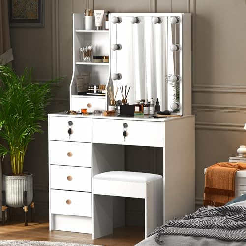Puselo Vitt sminkbord med LED-spegel med justerbart ljus, sminkbord - 6 lådor, 6 hyllor och pall, 80 x 36 x 130 cm, perfekt för små rum