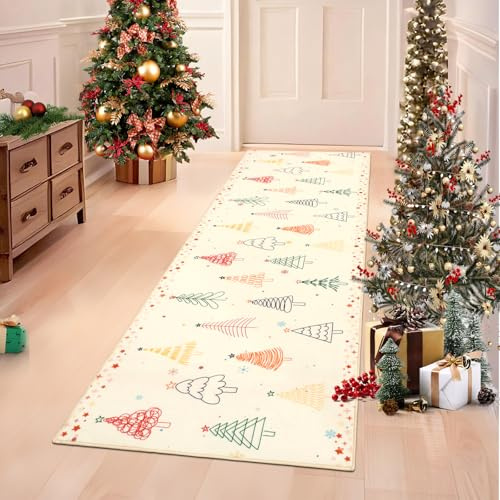 TUKDAK Weihnachtsteppich rutschfest 60x180cm, Weihnachten Teppich Läufer fürs Flur, Waschbar Kurzflor Teppichläufer Küchenteppich Küchenläufer, Boden Teppich Runner für Flur Entryway Wäsche Daneben