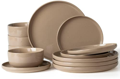 Richmount Milkyway juego de vajilla，12 piezas juego de platos，Sprinkle gres vajilla para 4 con platos de cena, platos de postre, cuencos de cereales, microondas y lavavajillas, canela marrón
