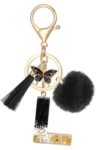 MWOOT Porte Clé Lettre avec Initiale, Porte Clef Alphabet avec Pendentif Pompon Tassel Papillon pour Femmes Filles, Charme de Porte Clés en Résine Noir pour Clé de Voiture Sac à Main Décor(L)