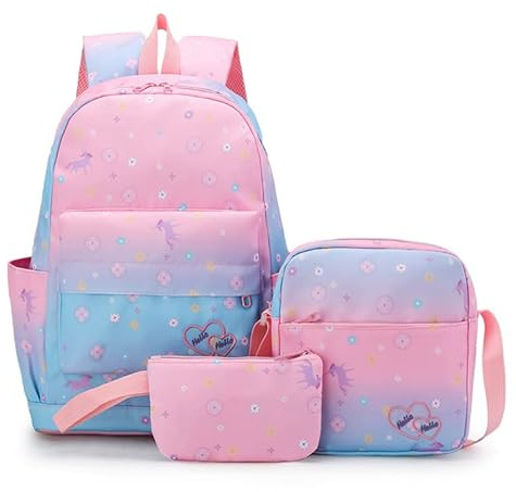 sanjimida Set di 3 pezzi zaino per la scuola, 45,7 cm, motivo con lettere stampate, zaino sfumato con borsa per il pranzo e astuccio (blu sfumato)