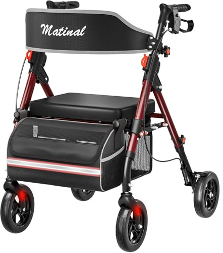 Matinal Leichtgewicht Rollator faltbar mit Sitz, 6-fach höhenverstellbar, Bis (160 kg) belastbar, 8-Zoll All-Terrain-Reifen, Robuste Aluminium-Laufhilfe Ideal für Indoor & Outdoor(Weinrot)