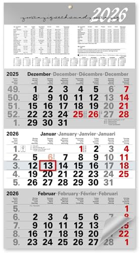 3-Monatskalender 2026 Wandkalender mit Schieber – Kalender 2026 mit Jahresübersicht, Feiertagen und Schulferien DE & AT, Bürokalender zur Wandmontage im Großformat 56x30 cm