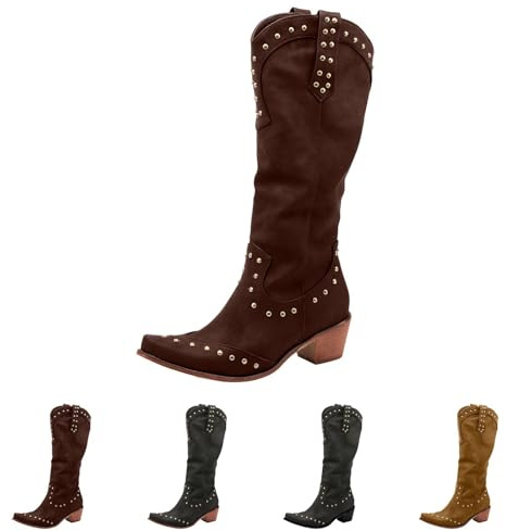 Momolaa UK 5 Cowboy Boots for Women with Heel Mid Wide Calf Knee High Studded Western Cowgirl Boots Pull on Chunky Heel Pointed Toe Ladies Brown Tan Boot Brown Footwear