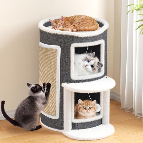 Bertifive Clawsable Cat House, Semi Enclosed Cat Beds for Indoor Cats Hideaway, Large Cat Cave Bed with Scratch Pad, Pet Condo with Hanging Ball & Stair for Muti Kitten (Grey, 40X40X60CM)