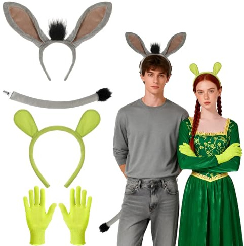 4 STK Monster Ogre Åsna Kostym för Vuxna, Huvudbonad Åsna Öron Åsnasvans Huvudband Ogre Öron Gröna Handskar, Åsna Kostym Djur Kostym för Cosplay Halloween Karneval Temafest