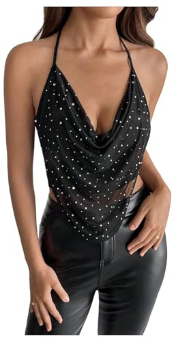 GORGLITTER Women's Sequin Tops Halter Neck Crop Sparkly Sexy Backless Top | Low Cut, Open Back, Summer, Going Out, Party, Clubbing, Date Night, Festival Outfits