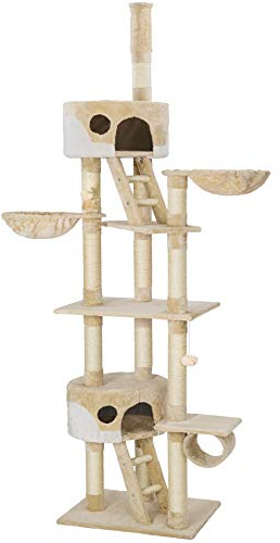 tectake® Multi-Level Cat Tree with 2 Cosy Houses, Durable Sisal Scratching Posts, Ladders, Beds, Snug Tunnel & Toy Balls, 260cm Robust & Anti-Tip Tower for Cats & Kittens - Beige/White