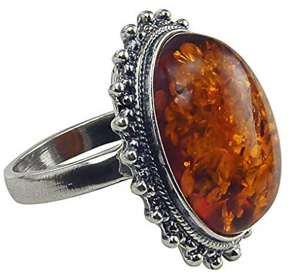 HolidayGiftShops Anello Ovale Classico in Argento Sterling e Ambra baltica con Miele: 10,5