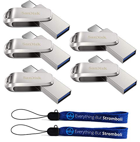 SanDisk 64GB Flash Drive Ultra Dual Drive Luxe (Bulk 5 Pack) USB Type-C for Smartphones, Tablets, and Computers - High Speed USB 3.1 (SDDDC4-064G-G46) Bundle with (2) Everything But Stromboli Lanyards