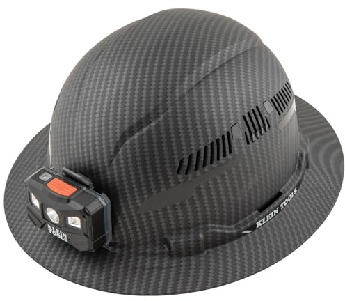 Klein Tools 60347 Hard Hat, Vented Full Brim, Class C, Premium KARBN Pattern, Rechargeable Lamp, Padded Sweat-Wicking Sweatband, Top Pad