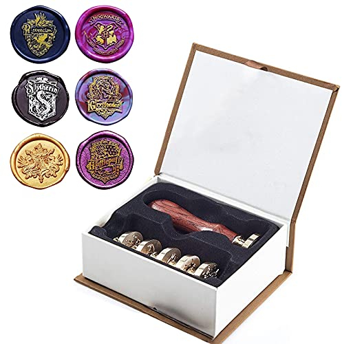 Hogwarts Siegelstempel Set, 7 Pcs Hogwarts Magische Wachssiegel Stempel Set und 1 Pcs Holzgriff, Vintage Wax Wachs Siegel Stempel Kit für Briefumschlag Postkartenetikett Hochzeitseinladung