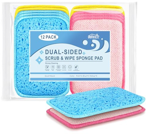 12 Pack Scrub & Wipe Cloths, Dual-Sided Sponges for Kitchen, All-Purpose Cloth for Dishes, Pots, Pans, Non-Stick Cookware, Countertops (Red, Yellow, Blue)