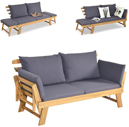 KOMFOTTEU Canapé de Jardin en Bois d'acacia, 2 Places, Sofa de Jardin avec Accoudoirs Inclinables, Canapé d'Extérieur avec Coussin, 157-198 x 75 x 75 cm, pour Terrasse, Balcon, Cour (Gris)