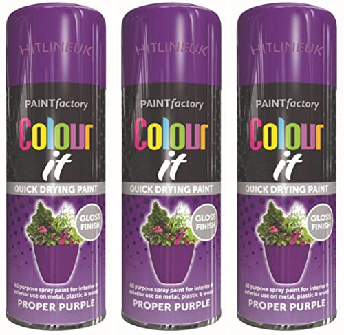 HitlineUK 3 x 400ml Purple Gloss Spray Paint for Walls, Wood, Plastic, Interior & Exterior