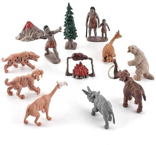 Bekecidi 12 Pezzi Modelli Umani Primitivi e Mini Set di Giocattoli Animali della Giungla, Realistico Animali Selvatici Figura per Bambini e Adulti Gioco Educativo Scientifico