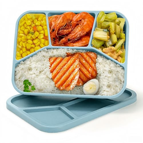 Noamus Silicone Bento Box, 4 Compartment LeakProof Lunch Container, 1.2L Z Unbreakable Meal Prep Food Storage Container, Food-Grade Divided Lunch Box for Adult Kid, BPA Free, Oven Dishwasher Safe