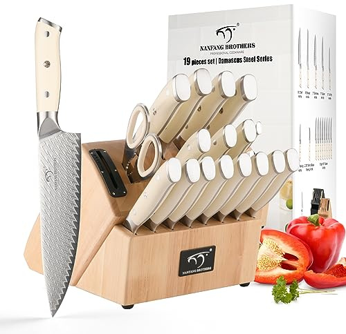Set Di Coltelli Da Cucina NANFANG BROTHERS In Acciaio Damasco Da 19 Pezzi, Include Anche Coltelli Da Bistecca. Set Da Chef VG10 Con Blocco, Affilatore, Forbici E Una Bellissima Scatola Regalo