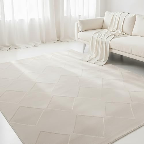 Interiyou Tappeto salotto pelo corto Cannes - 200x300 cm Crema - Stile boho scandinavo con effetto 3D alto-basso - Piatto con motivo geometrico