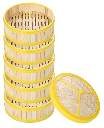 ANSNOW Vaporera de Bambú de 5 Niveles, Cesta de Vapor de Bambú para Cocina, Cesta para Cocinar Al Vapor con Tapa, Bandeja para Cocinar Al Vapor, Utensilios de Cocina, Cocina de Bambú, Mejor para Dim
