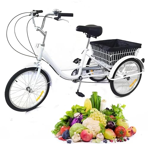 Tagtuell Dreirad für Erwachsene, 20 Zoll 8 Gang Dreiräder, 3-Rad Fahrrad Mit Licht Gemüsekorb, 110KG Tragfähigkeit, Antirutsch- und Verschleißfeste Räder, Weiß