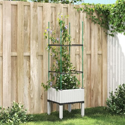 Homgoday Växtkruka med spaljé med blomlåda, blomlåda med spaljé för klätterväxter, trädgård, spaljé med växtlåda för balkong, terrass, vit, 40 x 40 x 142,5 cm