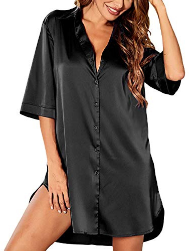 Edhomenn Womens Satin Nightdress Sleepwear Underwear Summer Sleeping Shirt Half Sleeve Single Breasted Loose Nightshirt for Home Wear Loungewear (01 Black, L)