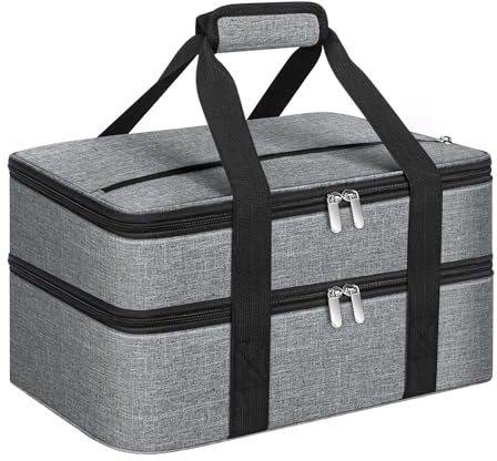 MIAOJIE Double Insulated Casserole Carrier, Portable Casserole Carrier for Hot or Cold Food Lunch Tote Warmer or Cooler Bag, Lasagna Lunch Bag for Potluck Parties- Fits 9 x 13 Baking Dish-Grey