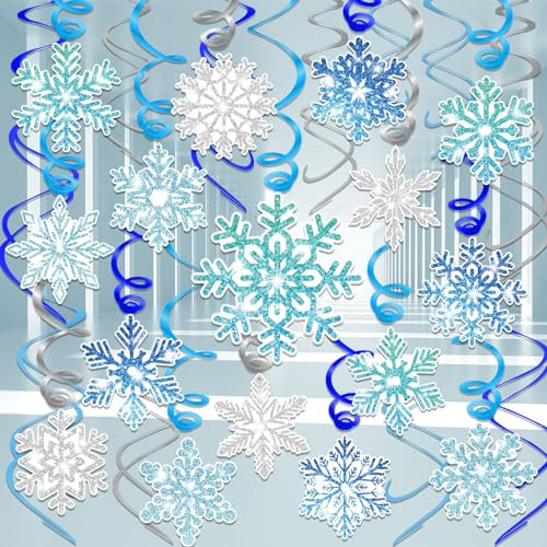HOWAF Snowflake Hanging Swirls, 30pcs Silver Blue Foil Ceiling Decorations for Christmas, Xmas Frozen New Year Party Indoor Supplies