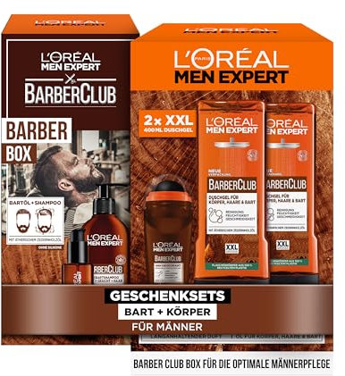 L'Oréal Men Expert Pflegesets für Bart und Körper für Männer, Mit Bartshampoo, Bartöl, 2x Duschgel und Deo, Geschenkset für Herren mit ätherischem Zedernholzöl, Barber Club, 5-teilig