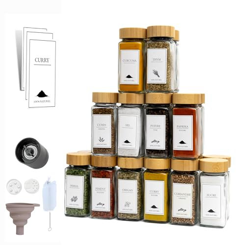comforder – Pots à Épices en Verre et Bois + 336 Étiquettes Françaises pour Épices + 2 Moulins – 24 Bocaux de Cuisine 120 ml