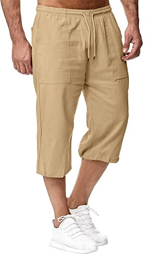 Pantalones Cortos de Playa de Lino para Hombre Pantalones 3/4 de Verano Corte Holgado Informales Bolsillos con cordón Pantalones para Vacaciones