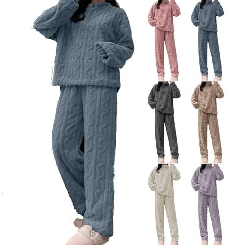 TAITUS Traje de Ocio cálido de Forro Polar para Mujer, Conjunto de Ropa de Dormir de Franela de Forro Polar, Ropa de Estar por casa de Franela, Pijama térmico para Mujer, Conjunto de Pijama (XL,Blau)