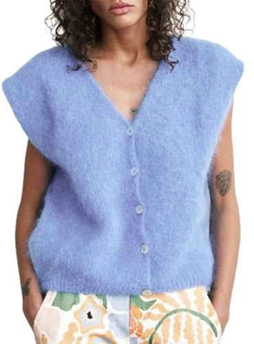 Gilet en tricot pour femmes Col V Fermeture boutonnée Sans manches Gilet en tricot court Cardigan à l'avant ouvert Gilet pull pour sortir Top, bleu ciel, M