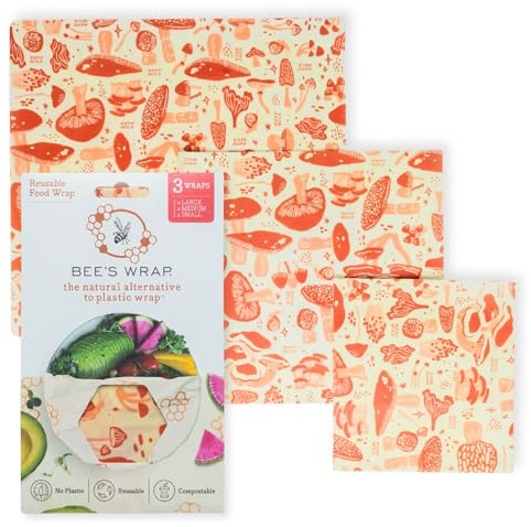 Bee's Wrap Beeswax Wraps for Food - Mushroom Magic 3 Pack (S, M, L) Made in USA Reusable & Organic Food Wraps, Sandwich Wrap & Bowl Covers - Eco-Friendly Alternative to Aluminum Foil & Plastic Wrap