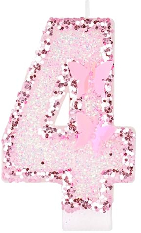 Alaoo Fjäril födelsedagsljus, rosa nummer 4 ljus glitter 4:e nummer ljus 4:e tårtdekoration för flickor fjäril temafest tematiska födelsedagsdekorationer festtillbehör