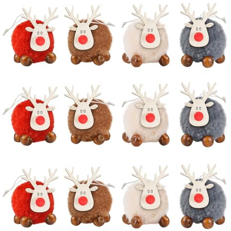 Emwel 12 Stück Weihnachtsbaum Anhänger, Weihnachtsdeko Anhänger Elch Deko Filz Holz Weihnachtsdeko, Rentier Baumschmuck Weihnachtsanhänger für Weihnachtsbaum Weihnachtsdekoration Party Deko