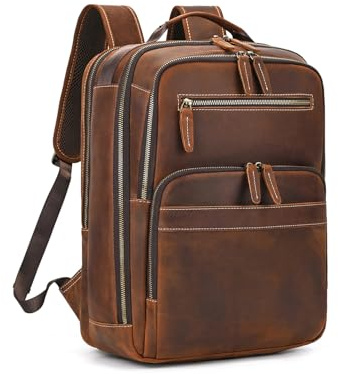 LUUFAN Full-grain Leather Brown Backpack for Men, 15.6 Inch Laptop Shoulder Bag Large Capacity Rucksack Business Daypack Travel Outdoor Bag with Trolley Sleeve