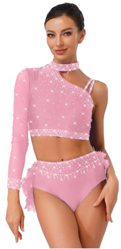 Freebily Body da Ginnastica Ritmica Donna Abito da Ballo Latino Tango con Piume Strass Abito Pattinaggio Artistico Crop Top Monospalla + Minigonna Costume da Danza del Ventre Rosa S
