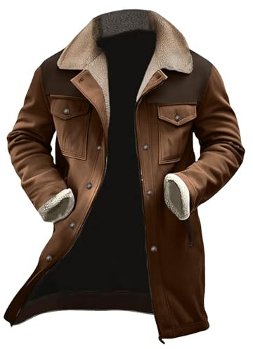 Cappotto da uomo in pelle marrone con giacca invernale lunga da uomo, giacca sportiva da esterno antivento e giacca invernale elegante, casual, leggera, giacca termica impermeabile