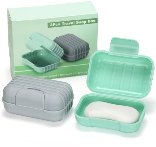 Alyvisun 2 Pezzi Porta Saponetta da Viaggio con Coperchio, Porta Sapone Portatile, Portasapone da Viaggio con Fondo Rialzato, Impermeabile e Antivivolo per Doccia（Verde + Grigio）