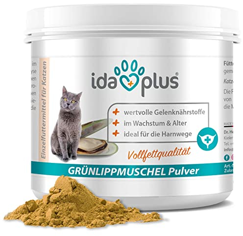 Ida Plus - 100% Grünlippmuschelpulver für Katzen - 100 g - Grünlippmuschel zur Unterstützung der Gelenkfunktion - Vollfettqualität - ohne Zusätze - mit Glykosaminoglykanen, Omega 3, Calcium, Magnesium