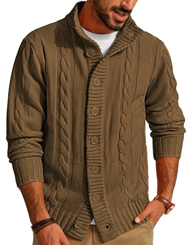 PJ PAUL JONES Men's Cardigan Sweaters Stand Collar Long Sleeve Cable Knit Button Down Sweater,X-Large Coyote